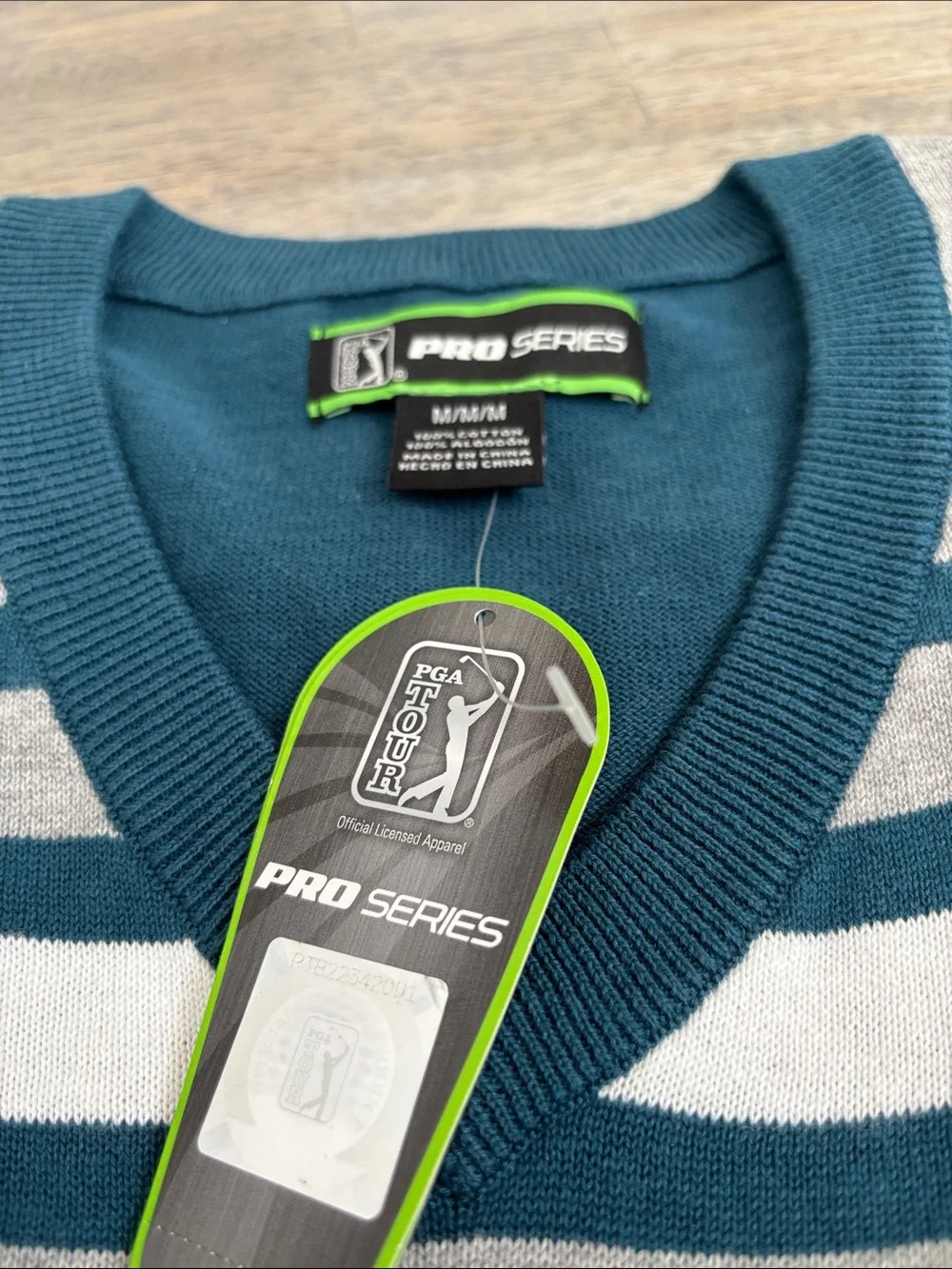 PGA Tour Teal, Gray & White Striped V-Neck Sweater